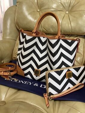 Dooney & Bourke Large Brenna Satchel & Zip Wallet Set Black/White